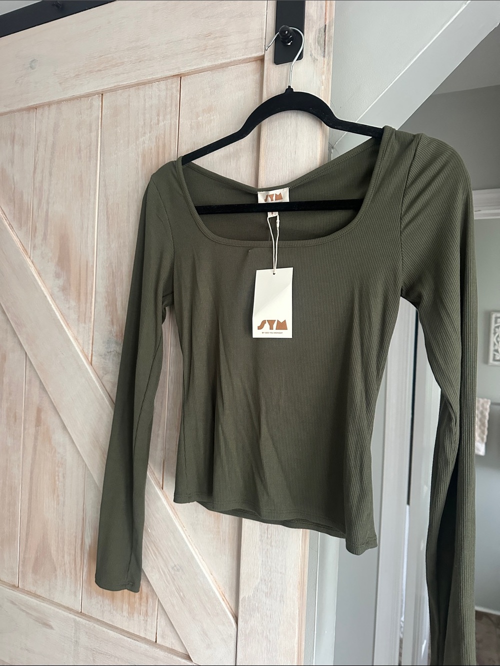 See You Monday Olive Ribbed Long Sleeve Scoop Neck Top